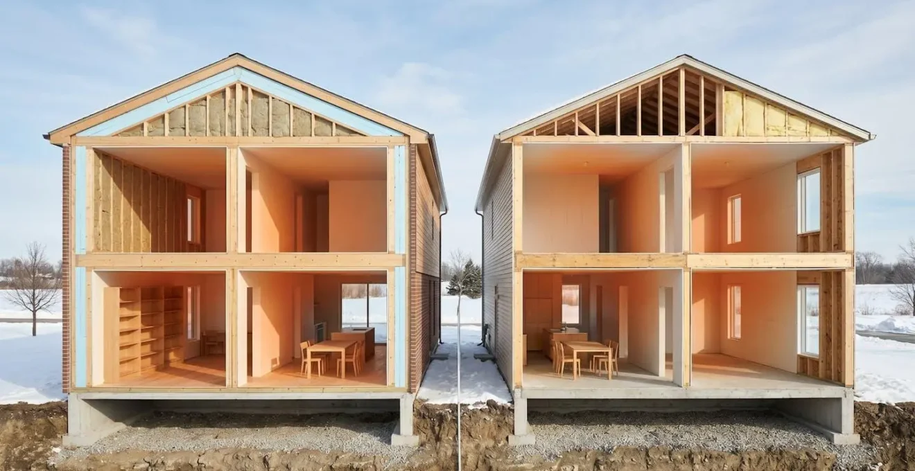 Vue comparative de deux maisons en coupe montrant la répartition de la chaleur avec différents niveaux d'isolation