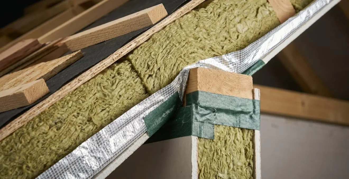Coupe technique détaillée montrant la jonction entre l'isolation du toit et des murs avec traitement du pont thermique