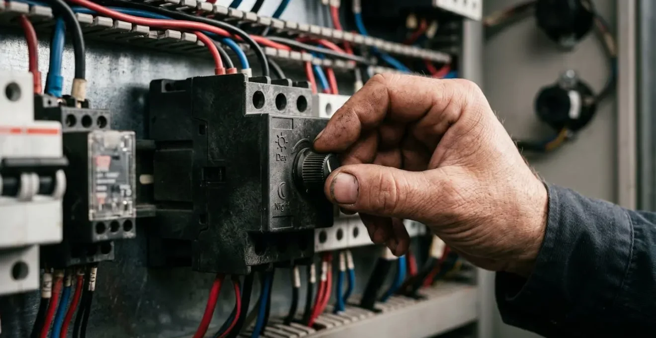 Main d'électricien réglant un contacteur jour nuit sur un tableau électrique moderne