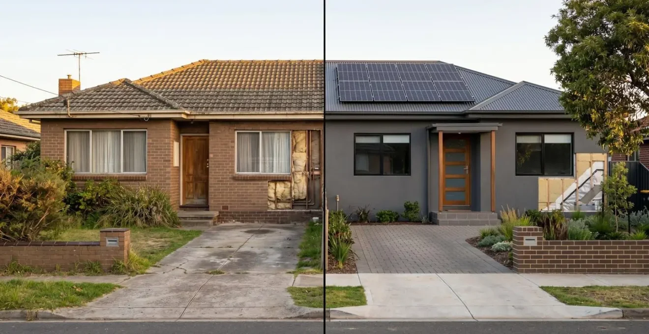 Comparaison visuelle d'une maison typique des années 1970 montrant l'évolution progressive de la rénovation