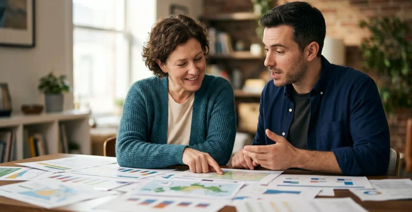 Professionnel analysant des documents techniques avec graphiques de performance énergétique