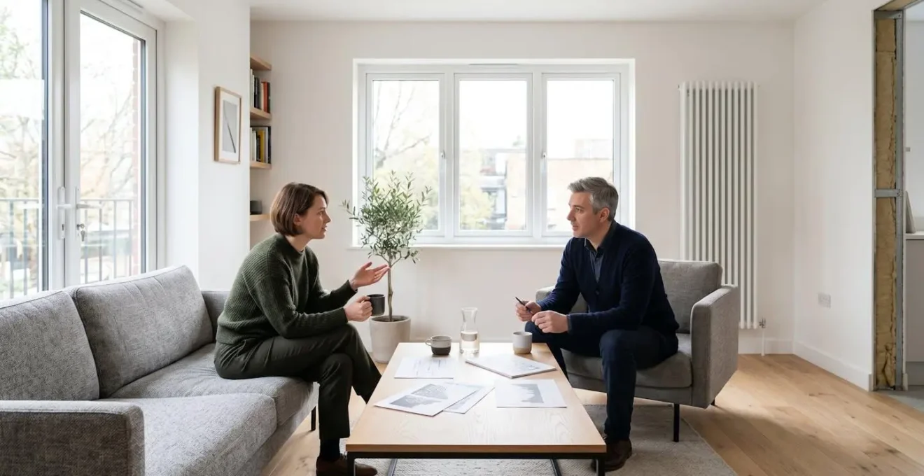 Propriétaire et locataire discutant autour de documents de rénovation dans un salon rénové