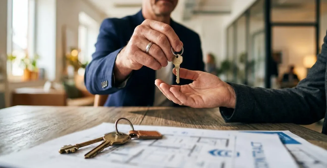Agent immobilier et acheteurs discutant autour d'une table avec documents