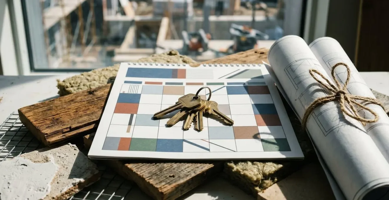 Calendrier avec clés de maison et documents de rénovation sur bureau lumineux