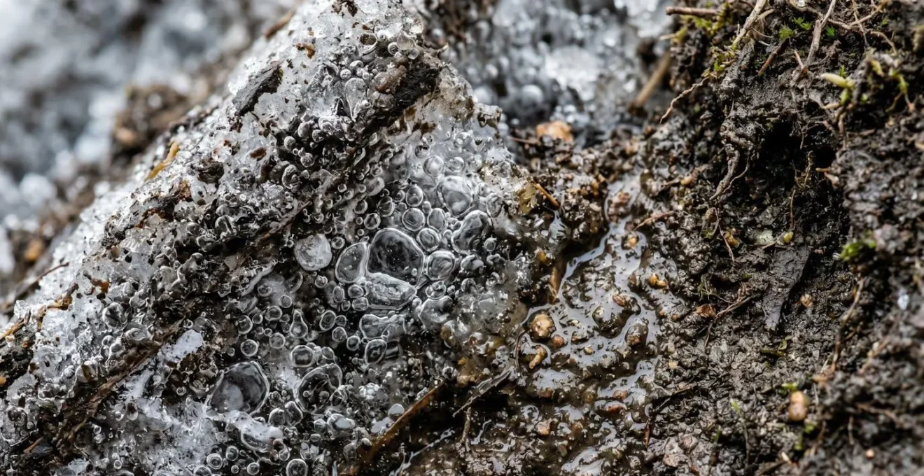 Paysage arctique montrant la fonte du permafrost et la libération de bulles de méthane