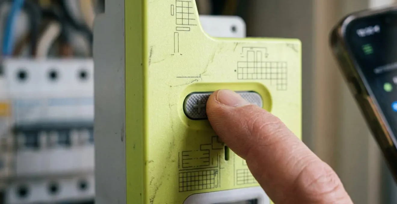 Gros plan sur un compteur Linky avec une main appuyant sur le bouton plus et un smartphone visible
