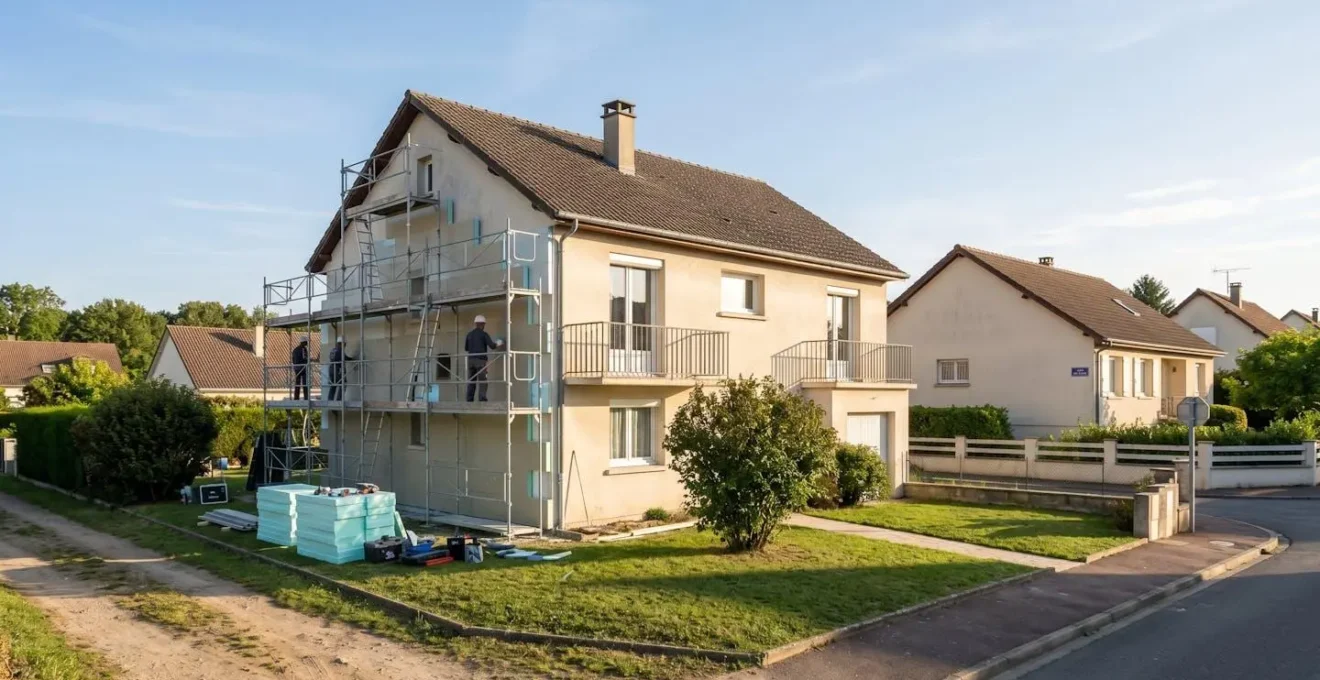 Vue extérieure d'une maison typique des années 1980 en cours de rénovation avec échafaudages et matériaux d'isolation visibles