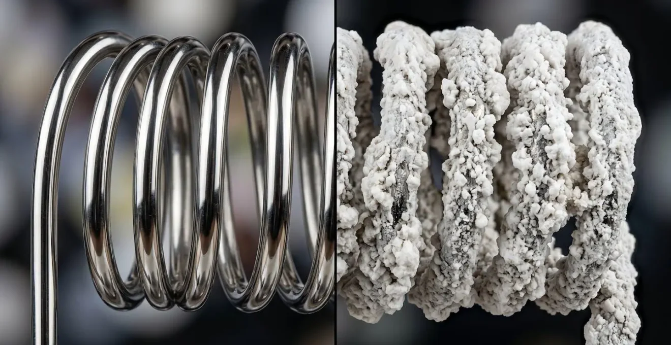 Vue macro comparative d'une résistance chauffante propre et d'une résistance entartrée