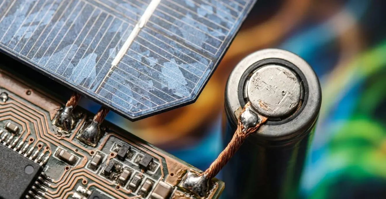 Vue macro de connexions électriques entre panneau solaire, batterie et système de gestion d'énergie