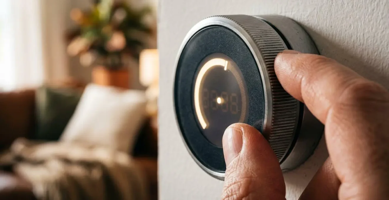 Gros plan sur un thermostat moderne affichant 19 degrés dans un intérieur chaleureux de copropriété