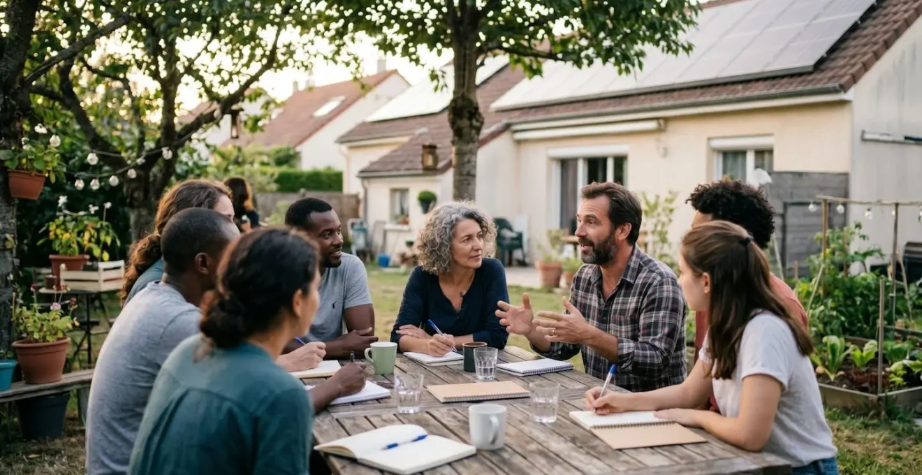 Groupe de voisins réunis autour d'une table dans un jardin pour planifier leur projet d'énergie partagée