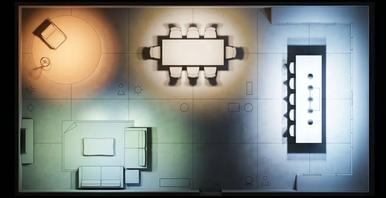 Vue architecturale d'un espace de vie montrant différentes zones d'éclairage avec intensités lumineuses adaptées