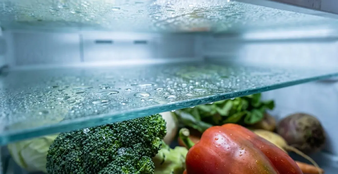 Vue macro de l'intérieur d'un frigo montrant différentes zones de température avec aliments