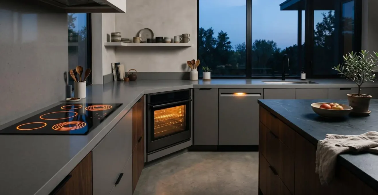 Cuisine moderne avec appareils électroménagers en fonctionnement simultané