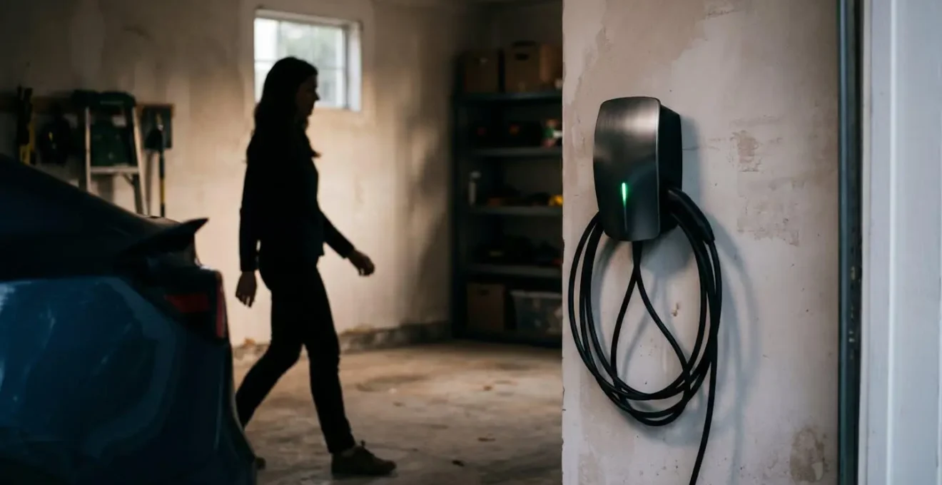 Borne de recharge murale dans un garage avec véhicule électrique