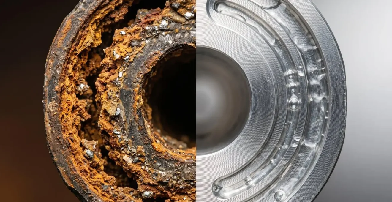 Comparaison visuelle entre un radiateur emboué et un radiateur propre en coupe