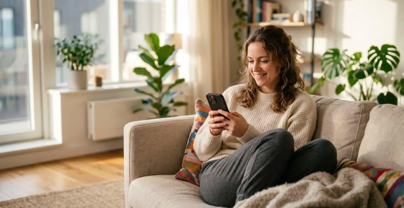 Personne dans un salon moderne utilisant une application de thermostat sur smartphone, atmosphère chaleureuse