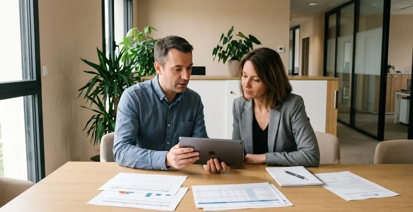 Conseiller courtier en énergie présentant analyse comparative de fournisseurs à dirigeante de PME dans bureau contemporain