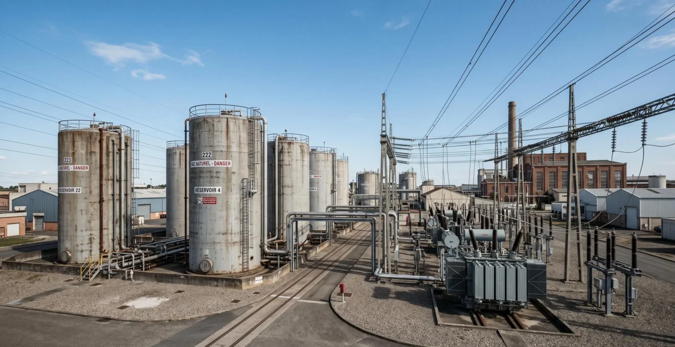 Installation industrielle de stockage et distribution d'énergie à Toulouse avec cuves et transformateurs en zone industrielle française
