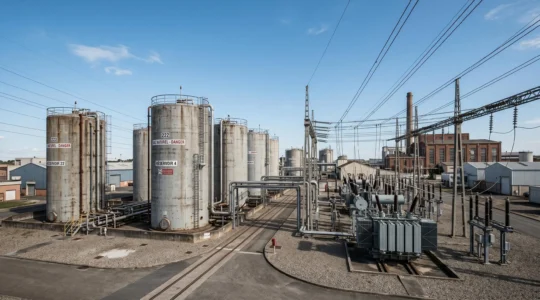 Installation industrielle de stockage et distribution d'énergie à Toulouse avec cuves et transformateurs en zone industrielle française