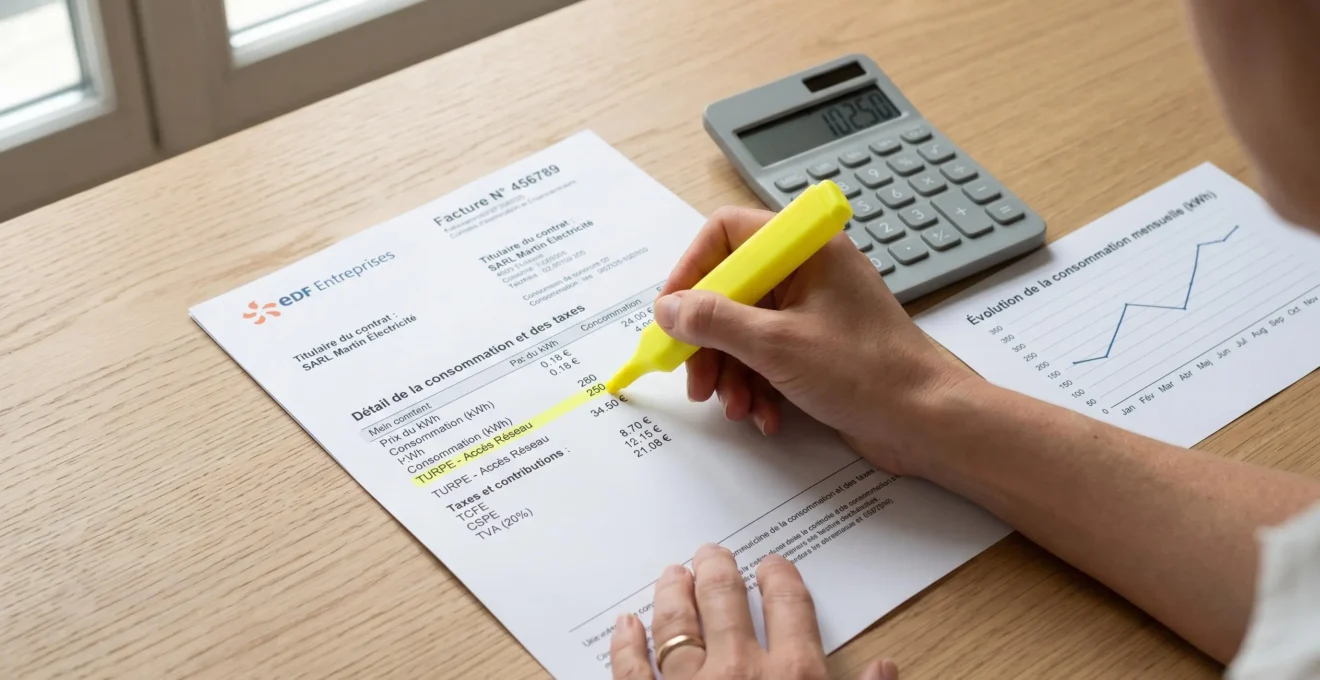 Main annotant facture d'électricité professionnelle avec sections tarifaires détaillées, calculatrice et graphique de consommation